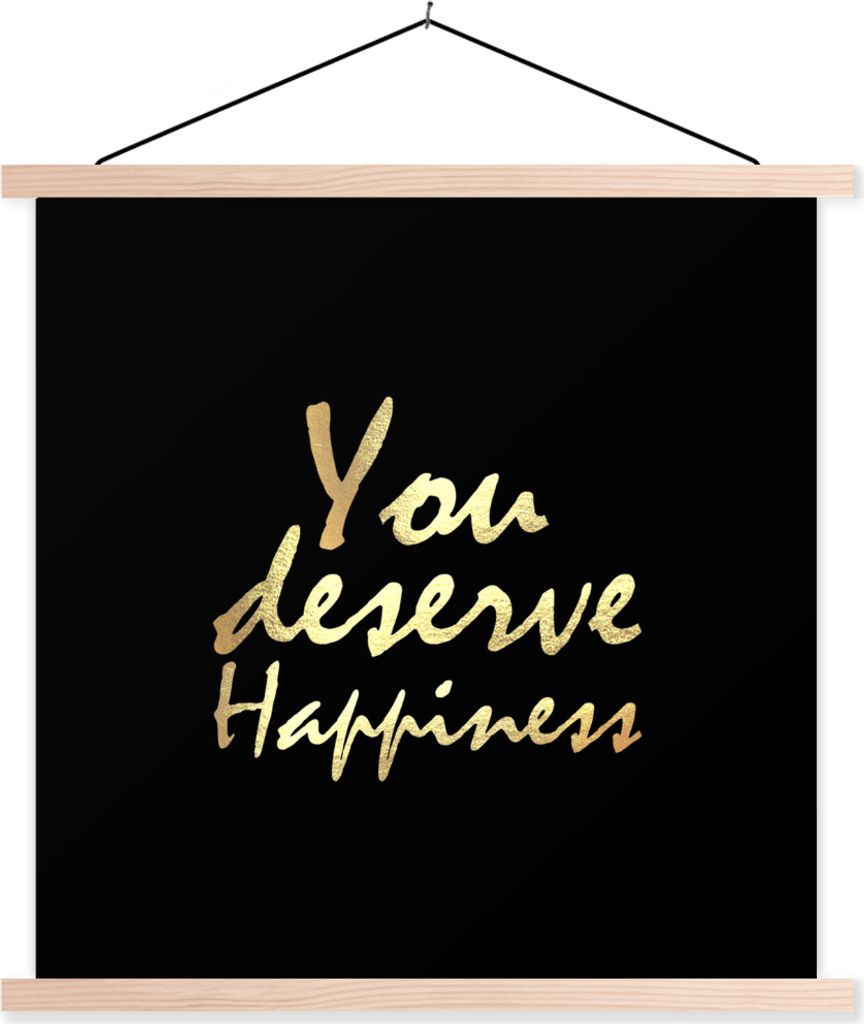 MuchoWow Textilposter Zitate - Glücklich - Gold - Schwarz 40x40 cm mit holzfarbenen Rahmen - Posterleiste