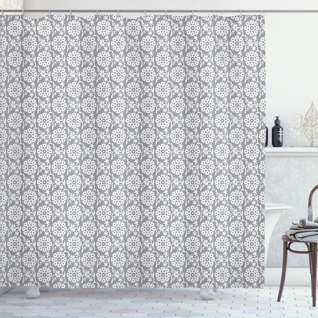 ABAKUHAUS Grau und Weiß Duschvorhang, Rich Royal viktorianischen Garten Muster stilisierte Blütenblätter und Blätter Antik Look, 175 x 200 cm, ...