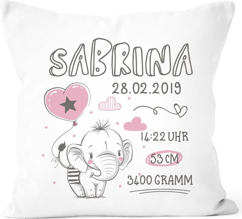 personalisierbares Kissen zur Geburt Elefant Geburtskissen Geschenk Geburt Mädchen Kissenbezug ohne Füllung SpecialMe weiß unisize