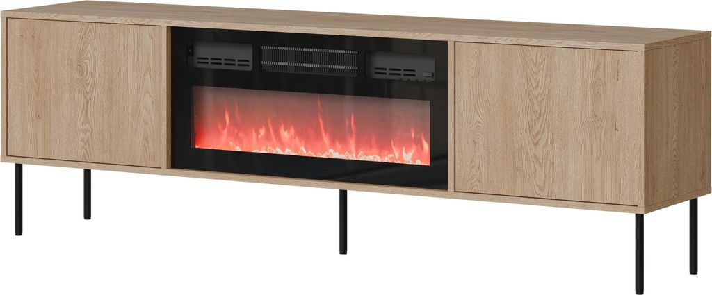 Furniture24 Tv - Lowboard Domi Fernsehschrank 180X60X40 Cm Mit Elektrichem Kamin Heizfunktion - Cremona Eiche