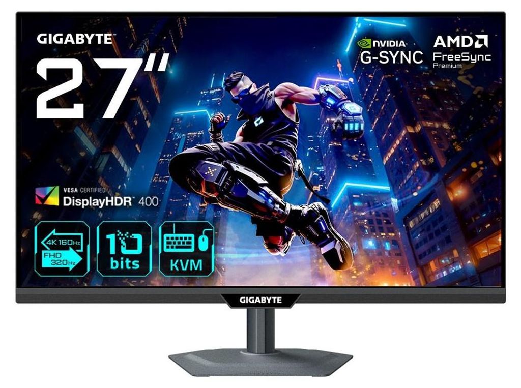 A gaming monitor displaying a dynamic image of a character in a futuristic city. The monitor is on a stand.