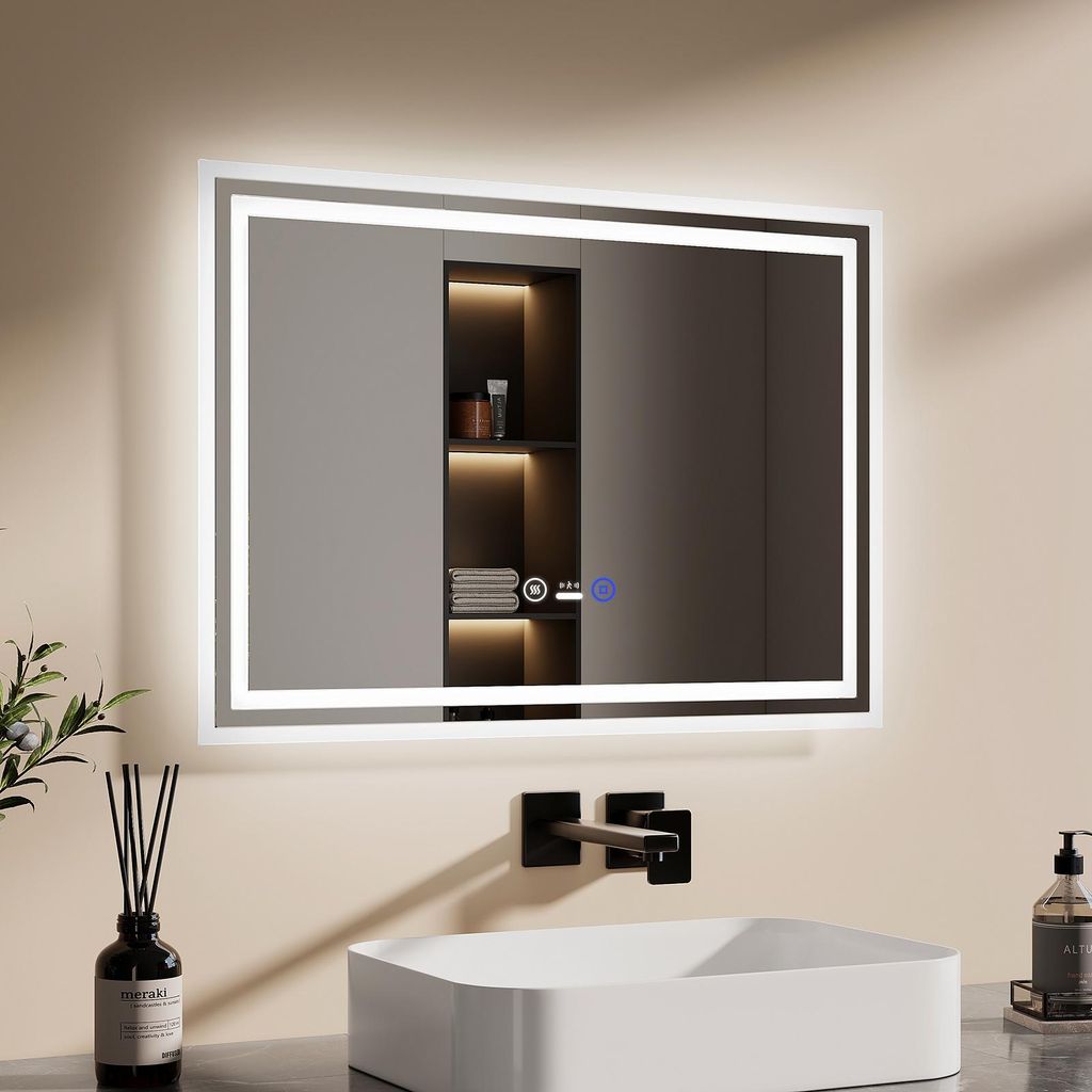 EMKE LED Badspiegel mit Bewegungssensor 70x50cm mit Touch, Beschlagfrei, 3 Lichtfarbe dimmbar, 1 Stunden automatische Abschaltung IP44 energiesparend
