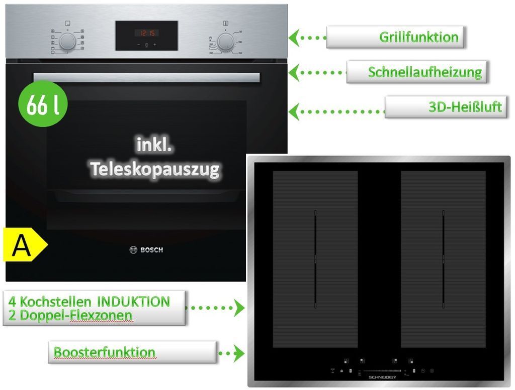Herdset Bosch Backofen Teleskopauszug 3DHeißluft + Wolkenstein Induktionskochfeld autark 60cm