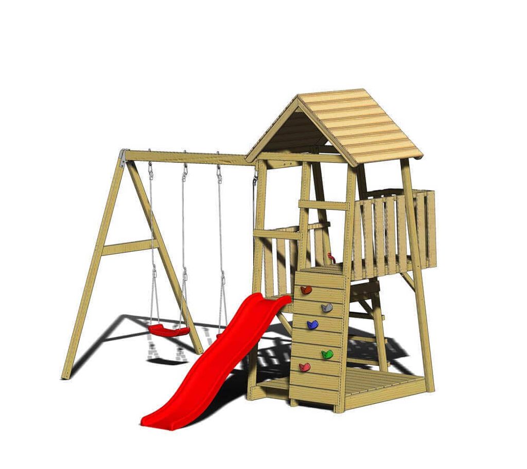 Wendi Toys Holz Spielturm Salamander inkl. Rutsche, Kletterwand und 2 Schaukeln Natur 290x340x270 cm