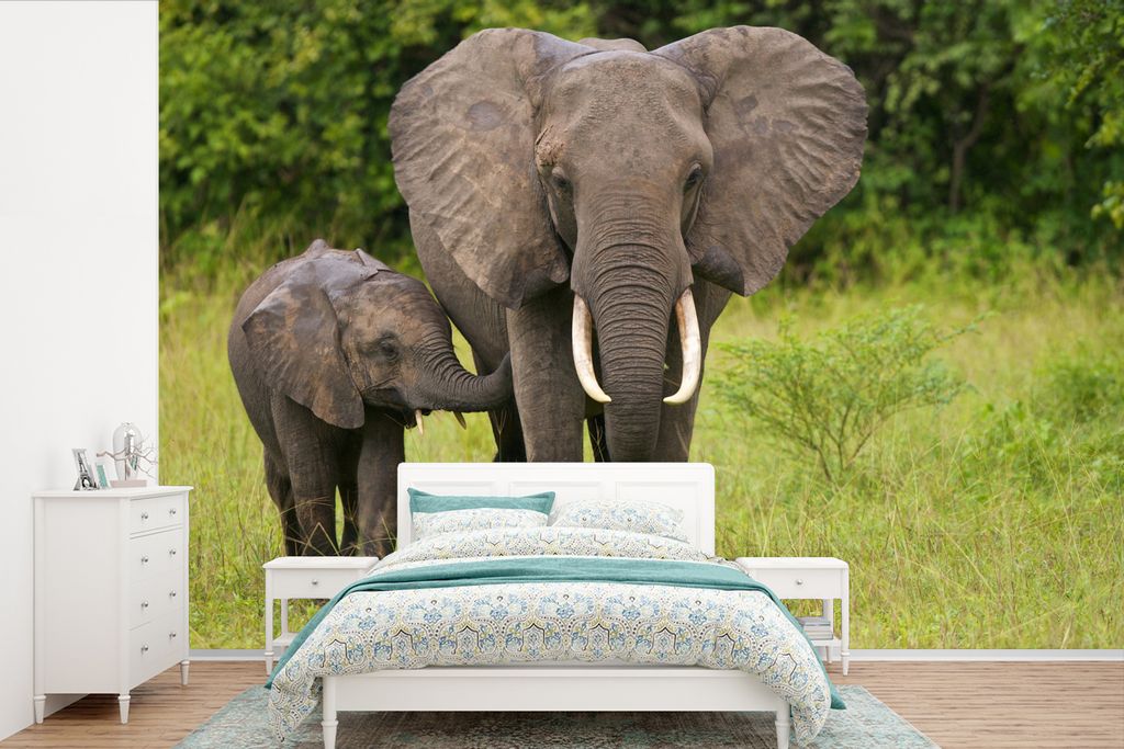MuchoWow Fototapete für Wohnzimmer oder Schlafzimmer Wandtapete Vinyl Motivtapete Elefant - Kalb - Landschaft - 600x400 cm - Vinyltapeten