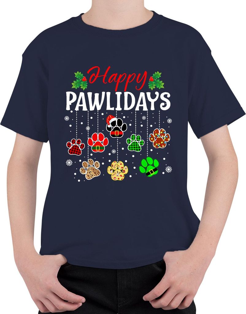 Happy Pawlidays Hunde Katzen Weihnachten Pfoten Geschenk Lustig Uni Kinder T-Shirt, Navy, 140