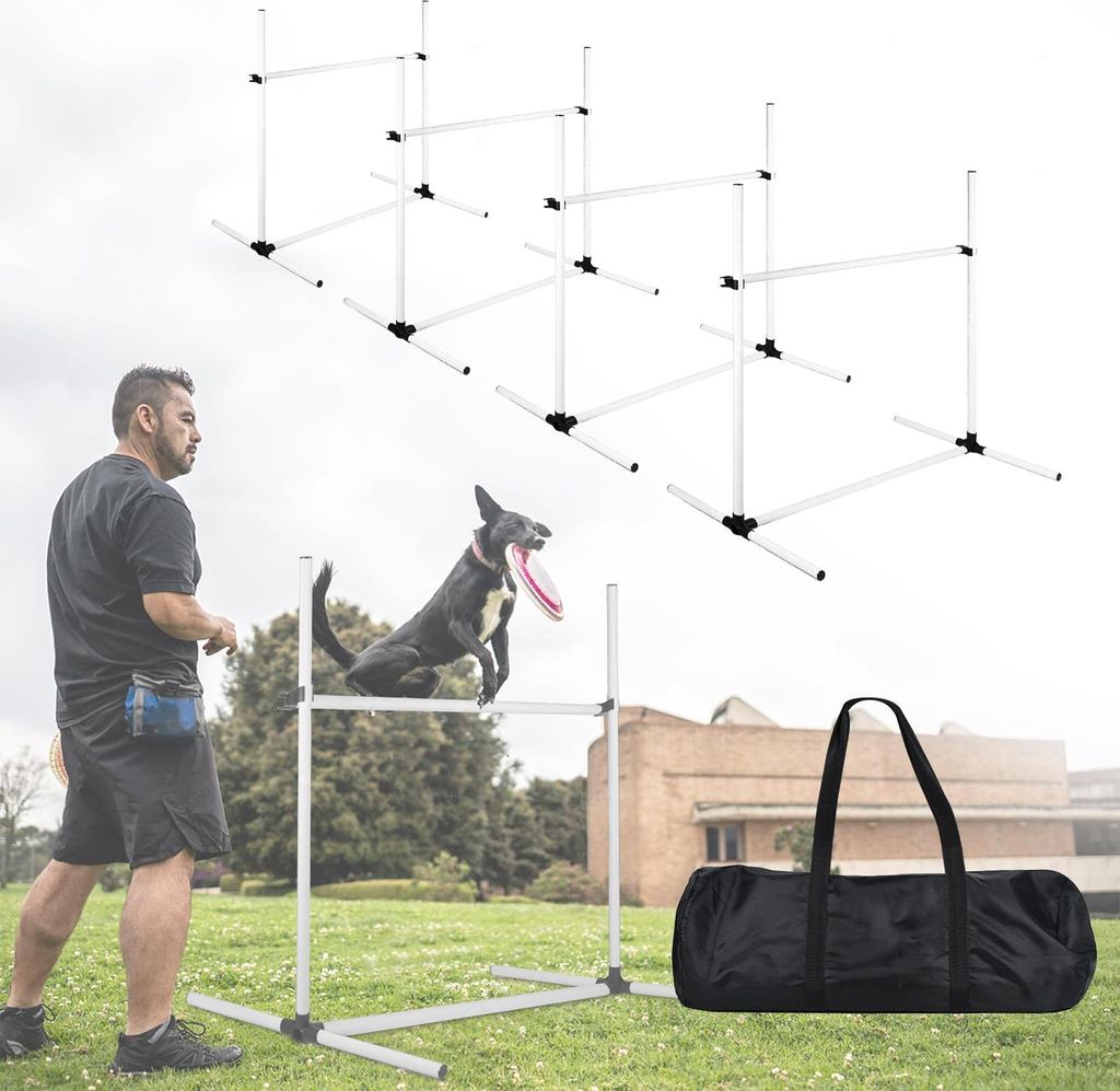TRMLBE 4-er Agility Hürdenset PVC Slalom Haustier höhenverstellbar Trainingsstangen Sprungstangen-Set für Hunde Katzen konditionelles Training S...