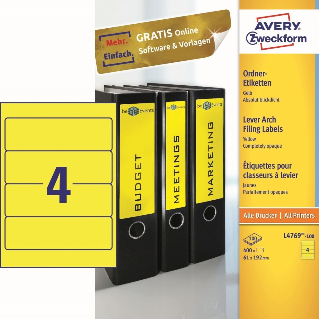 Avery Zweckform - Rückenetikett breit 61x192mm selbstklebend gelb 100 Blatt | 5 Stück