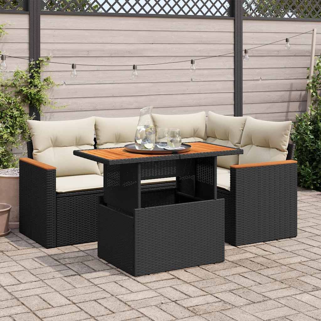 "Rabatt" 5tlg. Garten-Sofagarnitur - mit sofa - mit Kissen Schwarz Poly Rattan Akazie - Lounge-Dining set CC12130