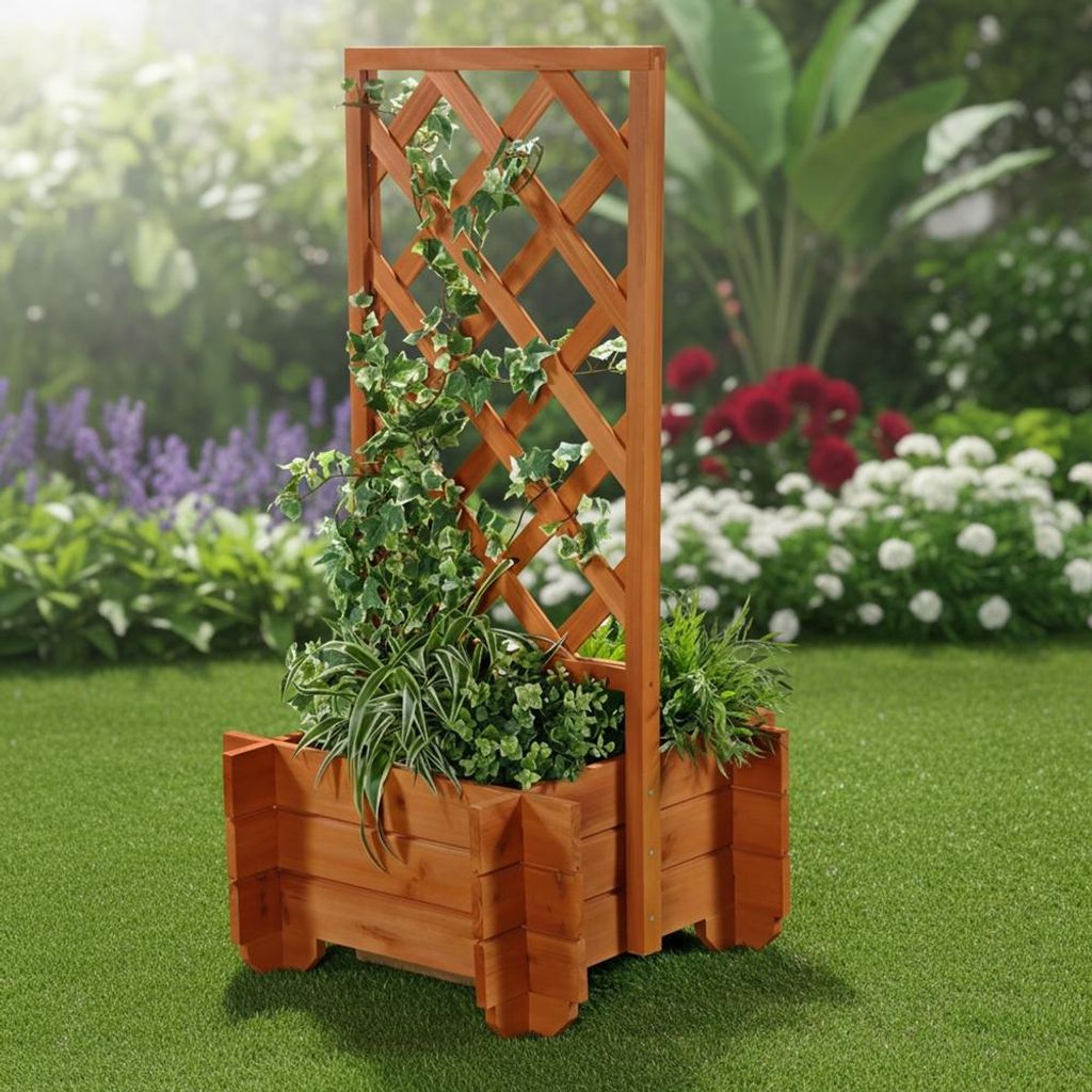 Pflanzkübel mit Rankgitter Holz Spalier Pergola Braun dekorativ