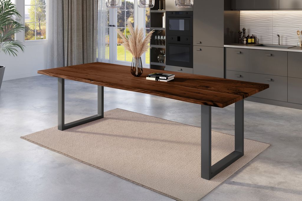 Esstisch Baumkante massiv Akazie nussbaum 300 x 100 U-Gestell schwarz NICK