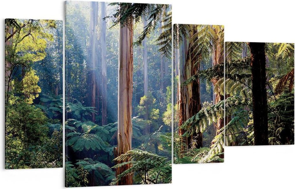Bild auf Leinwand - Leinwandbild - 4 Teile - Morgendämmerung Bäume Wald - 120x70cm - Wand Bild - Wanddeko - Wandbilder - Leinwanddruck - Bilder -...