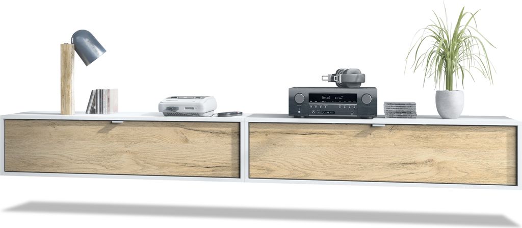 Vladon 2er-Set TV Board Lana 120, Germany, Lowboards je 120 x 29 x 37 cm mit viel Stauraum, Korpus in Weiß matt, Fronten in Eiche Natur | Große F...