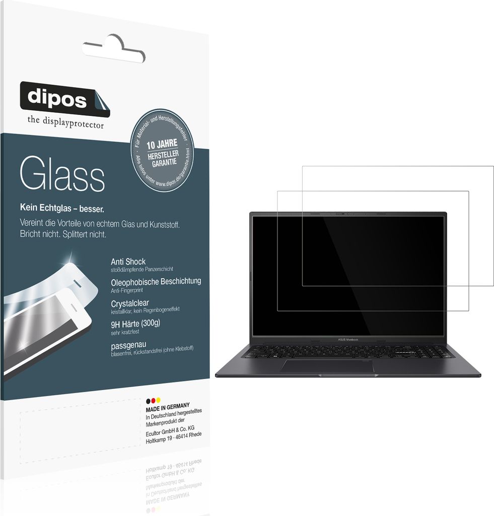 2x Schutzfolie für Asus VivoBook 16X OLED M3604 - Anti-Shock 9H Folie dipos Glass Kunststoffglas