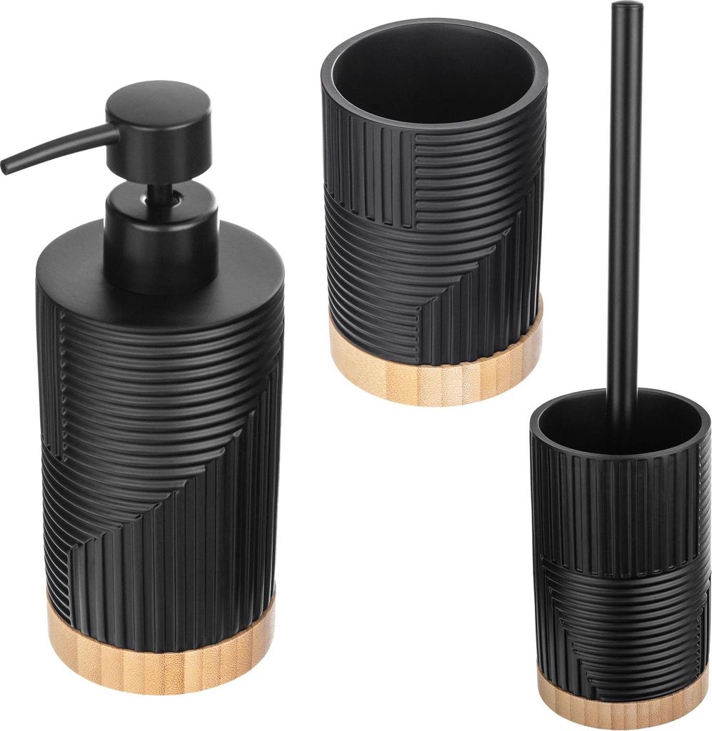 Badezimmer-Set - 3-teiliges Set - WC-Bürste mit Halter - Seifenspender - Zahnputzbecher - Schwarz mit Holzdetails
