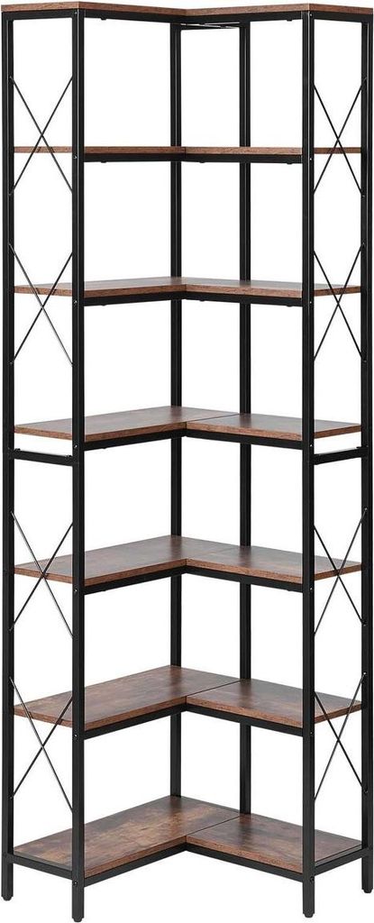 7 Tier Corner Bookshelf, Tall Corner Bookcase Strage, Large L-Shaped Bookshelf Organizer with Metal Frame & Wooden Shelves, Reversible Display Book...