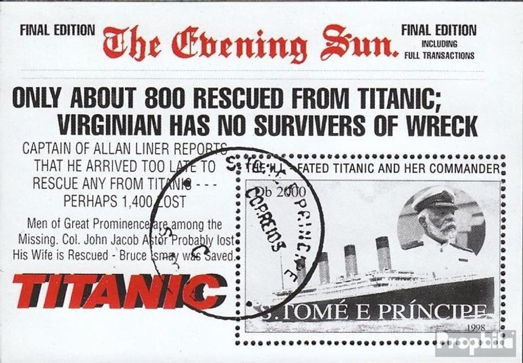 Briefmarken Sao Tome e Principe 1998 Mi Block376 (kompl.Ausg.) gestempelt Untergang der Titanic