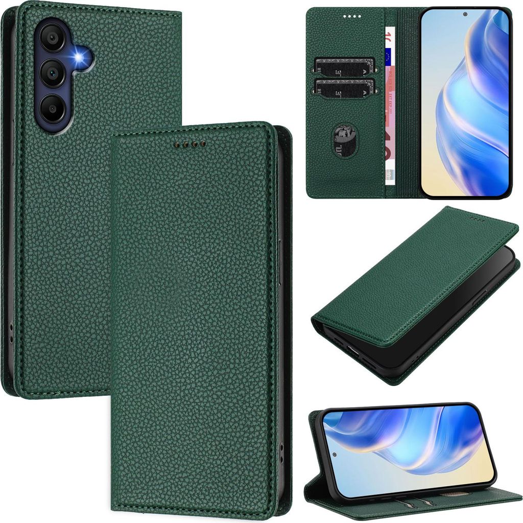 Litchi Leder Handyhülle für Samsung Galaxy A17 Wallet Kartenfächer Standfunktion Hülle Grün