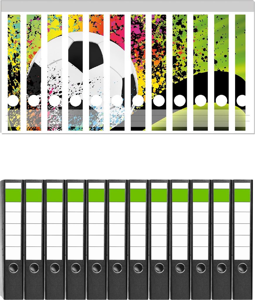 Wallario 12 Stück schmale Ordner inkl. Klebeetiketten mit Motive Fußball - Design Wellen und Regenbogen in grün - Set mit Rückenschildern / Or...