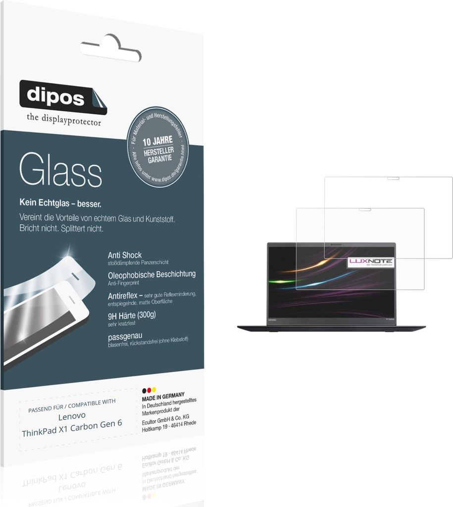 2x Schutzfolie für Lenovo ThinkPad X1 Carbon Gen 6 matt - Anti-Shock 9H Folie dipos Glass Kunststoffglas