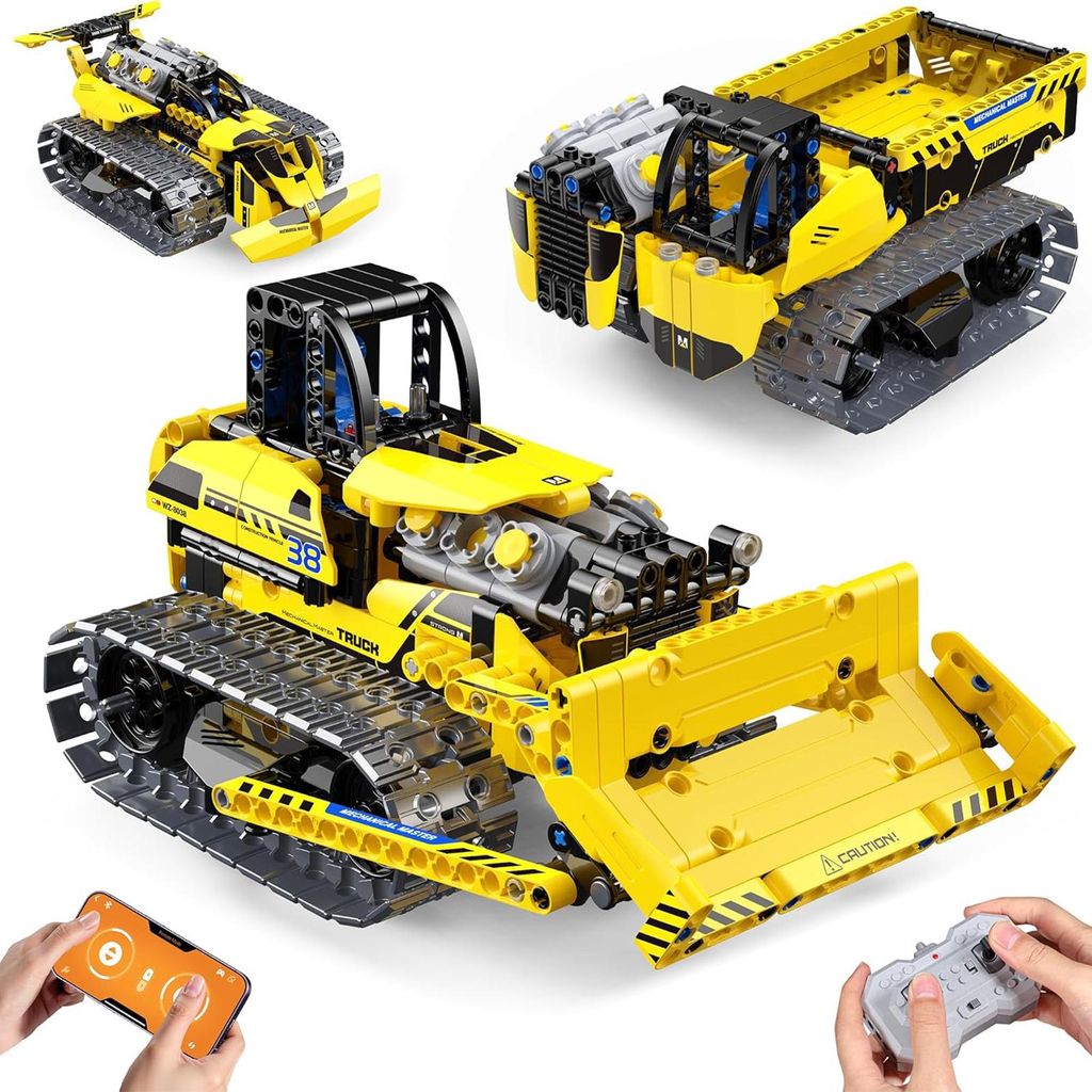 MODFU Entdeckerspielzeuge, 3-in-1 Programmierbarer Roboter Bausatz, Elektrischer Baukasten Kinder, Bulldozer, Baustellenfahrzeug & Roboter