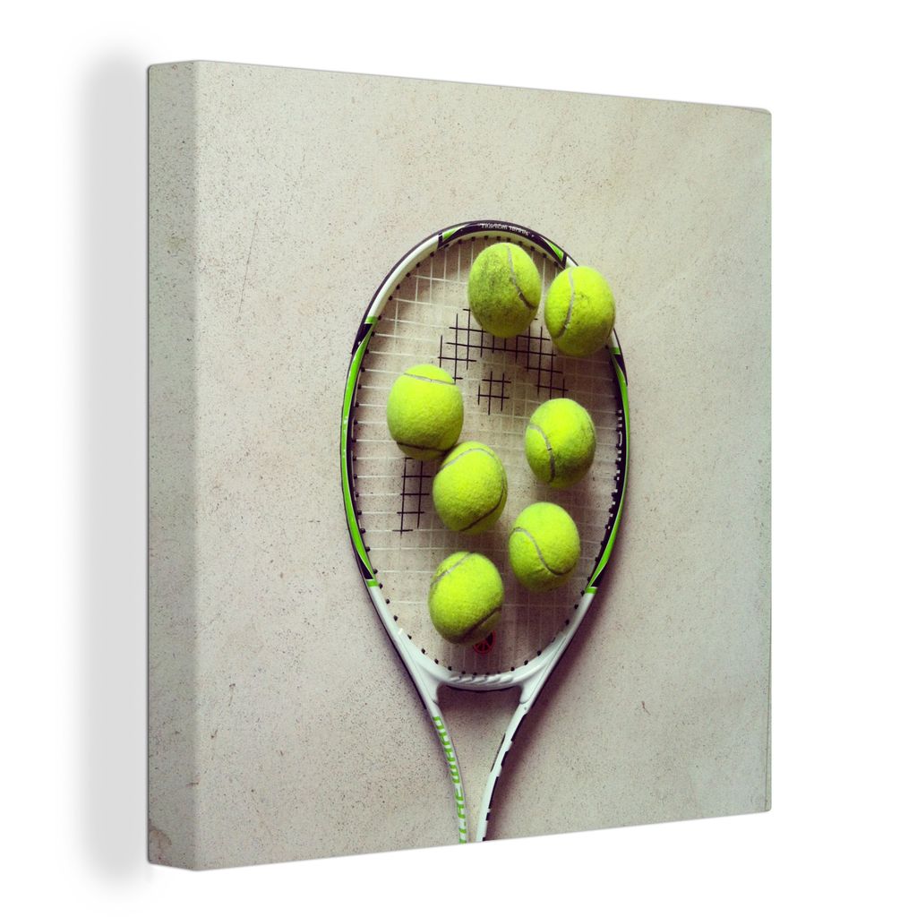 OneMillionCanvasses - Leinwandbilder - 50x50 cm - Tennisschläger mit vielen Tennisbällen - Vlies Leinwandbild - Wandbilder Wohnzimmer - Schlafzim...