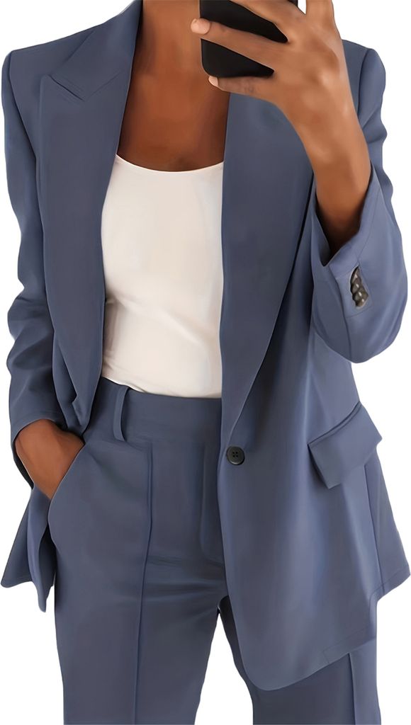 ASKSA Damen Hosenanzug Zweiteiler Slim Fit Blazer Hose Outfit Einfarbig Revers Casual Freizeitanzug, Blau, Groesse: 5XL