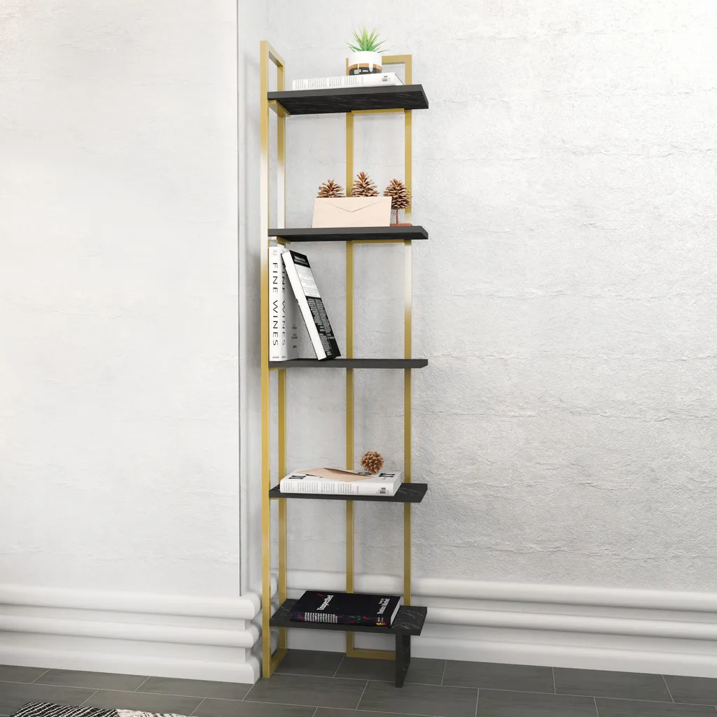 Bibliothèque Alice Noir et Or 180 cm - Structure Robuste et Design Slim - 2