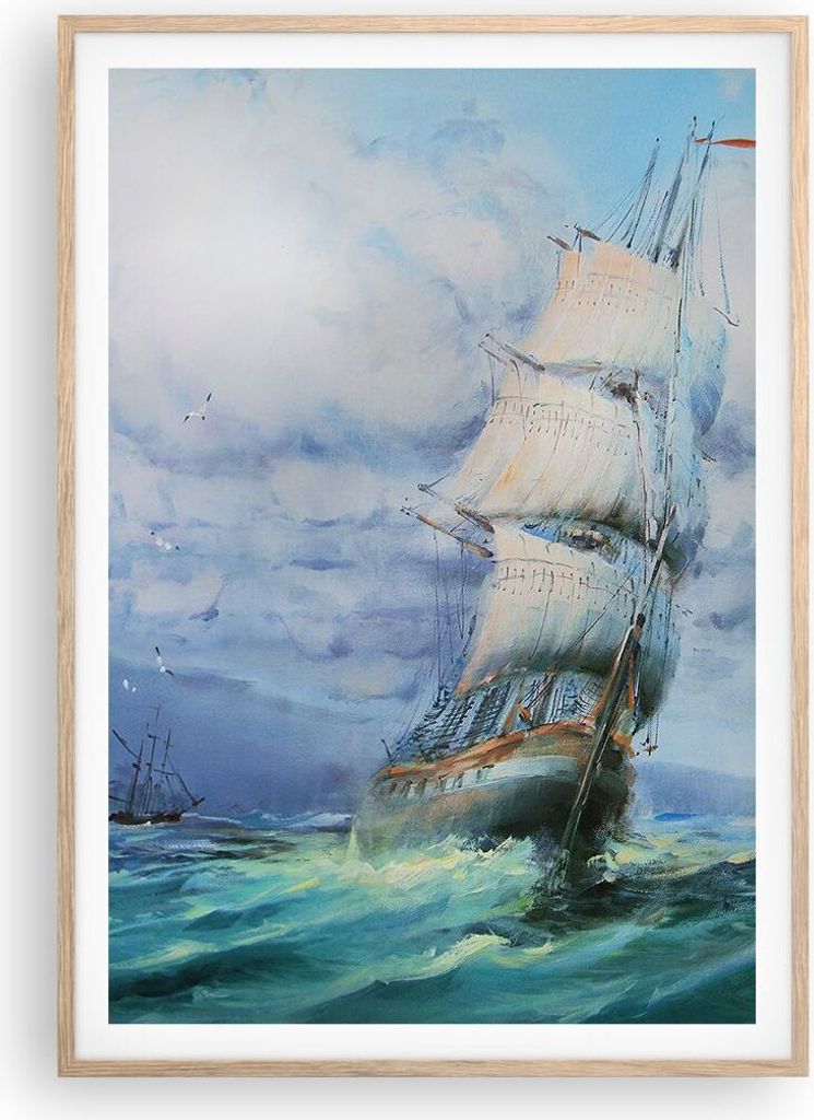 Gerahmtes Poster - Rahmen in heller Eiche - Meer Segelschiff - 70x100 cm - Wand Bild - Wanddeko - Wandbilder - Wandposter - Bilderrahmen - Bilder -...