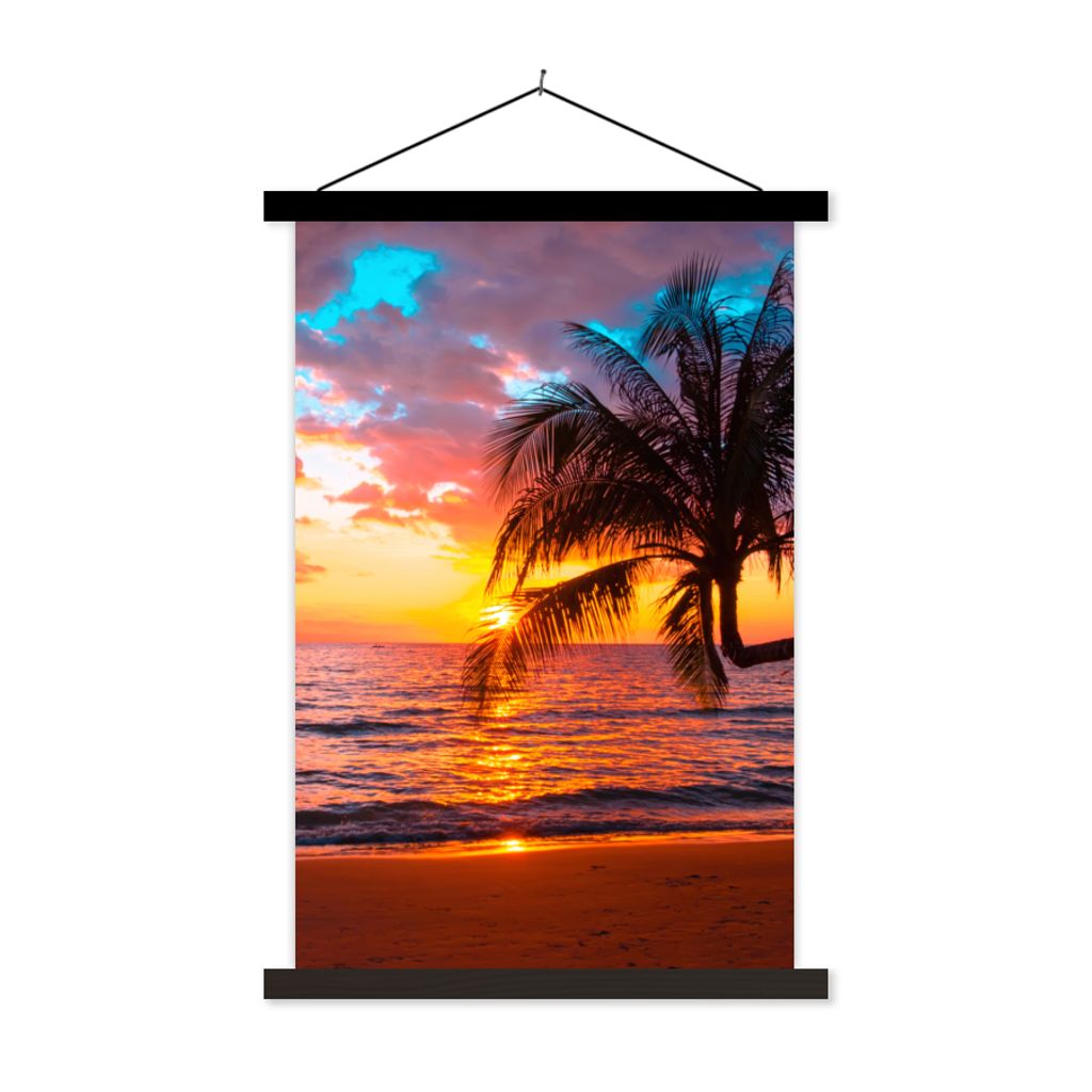 MuchoWow Textilposter Palme - Sonnenuntergang - Strand - Meer - Horizont 120x180 cm mit schwarzem Rahmen - Fotos