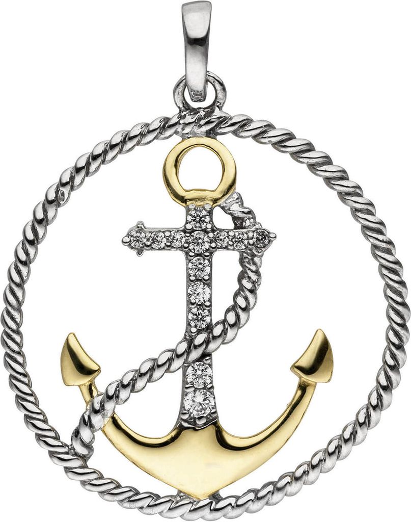 Anhänger Anker Schiffsanker im Kordel-Kreis 925 Silber teilvergoldet 13 Zirkonia