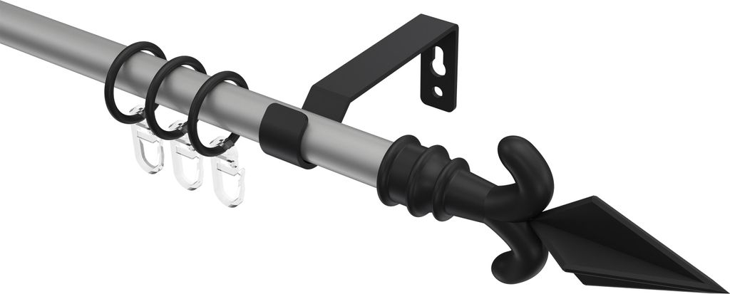 Interdeco Gardinenstange / Vorhangstange Silbergrau / Schwarz, Typ Olymp Matteo (Pfeil), 16 mm Ø 1-läufig, 260 cm