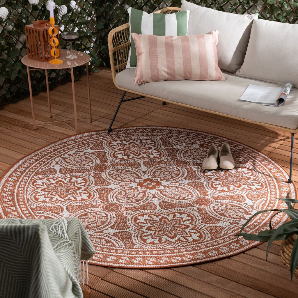 Outdoor Teppich Rund - Summer Oriental Terracotta - Ø 120 cm - Balkon, Garten, Terrasse - FRAAI | Home & Living - Boho, Ländlich, Modern