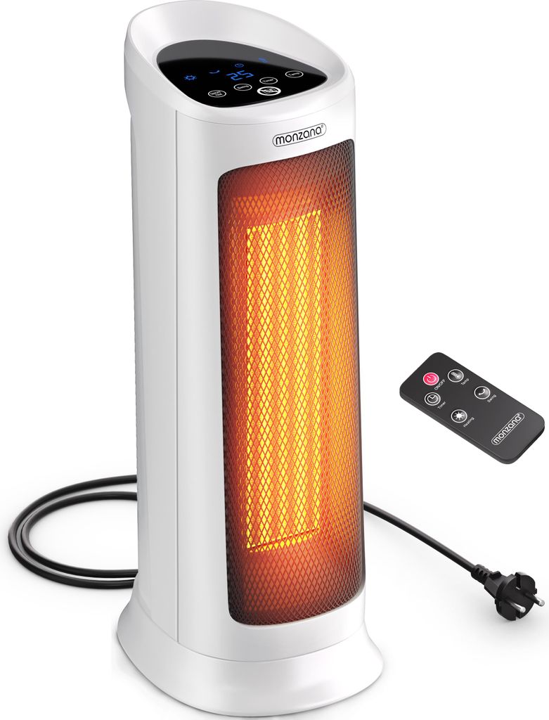 A white electric heater with an orange glowing heating element, shown with a remote control.