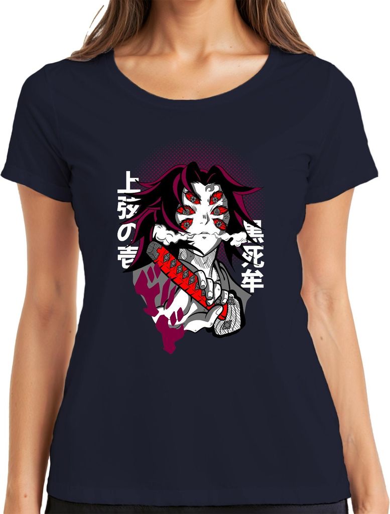 Sechsäugiger Dämon Samurai Anime Katana Manga düster Geschenk Damen T-Shirt, Navy, XXL