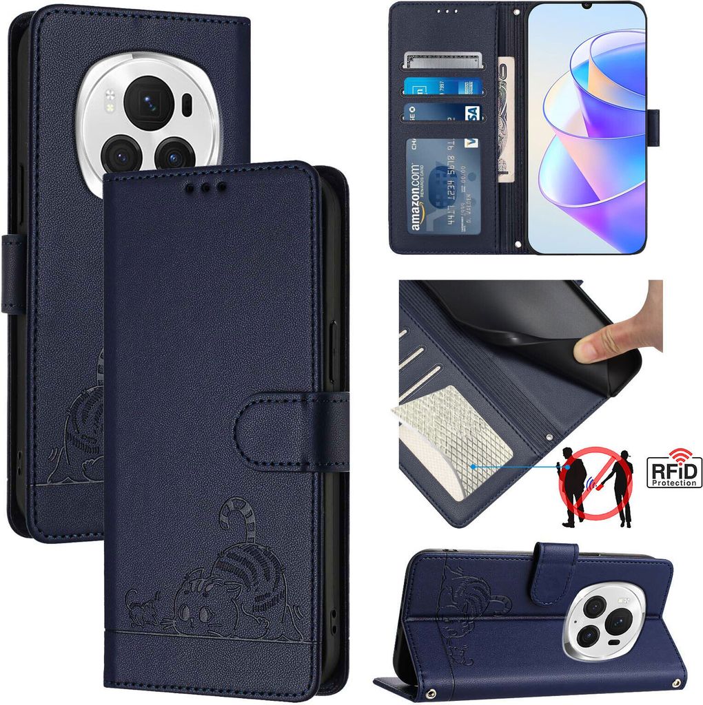 Leder Hülle für Honor Magic6 Pro Süße Katze Flip Case Brieftasche Schutzhülle mit Standfunktion Blau