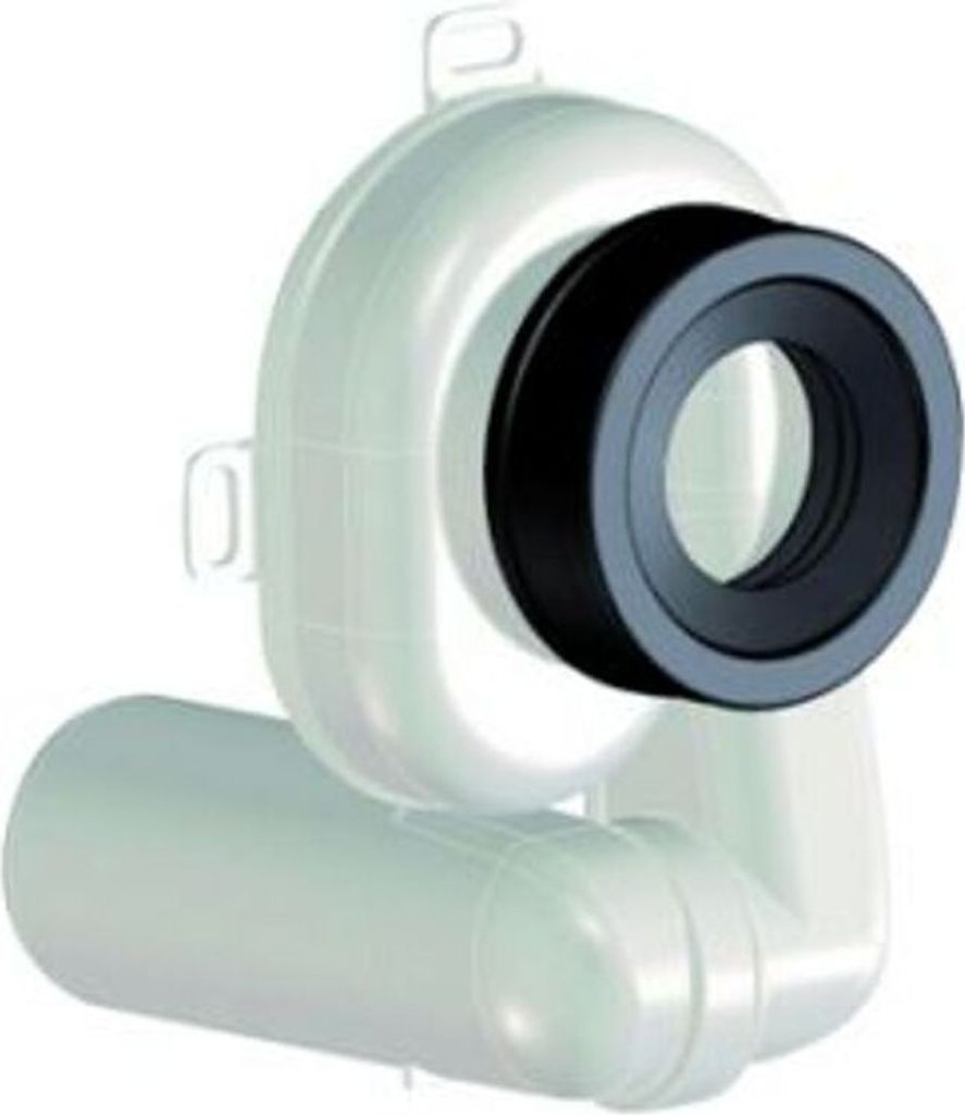 A 3D rendering of a white urinal siphon with a black and gray adapter ring.
