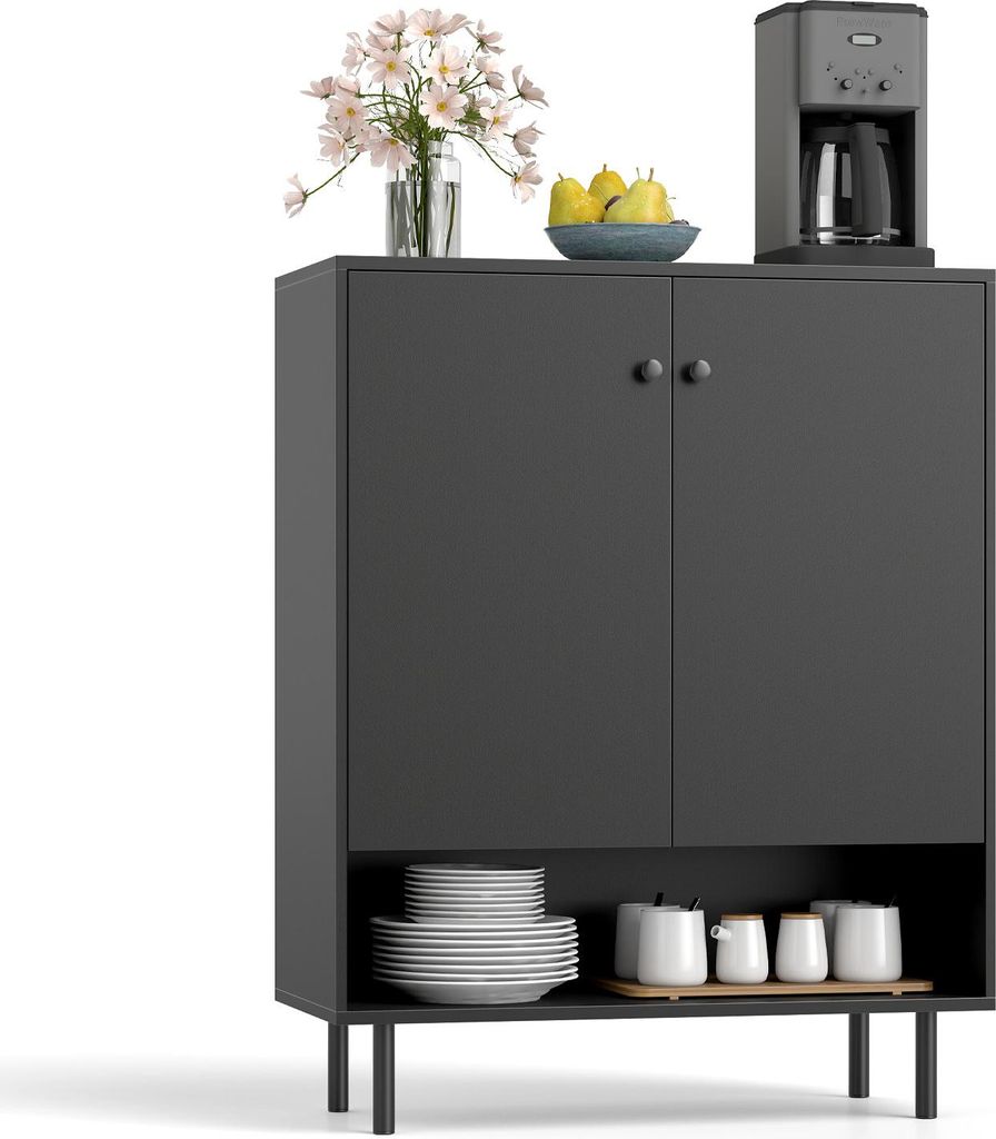 A dark gray sideboard cabinet with two doors and an open shelf below, displaying kitchenware and decorative items on a white background.