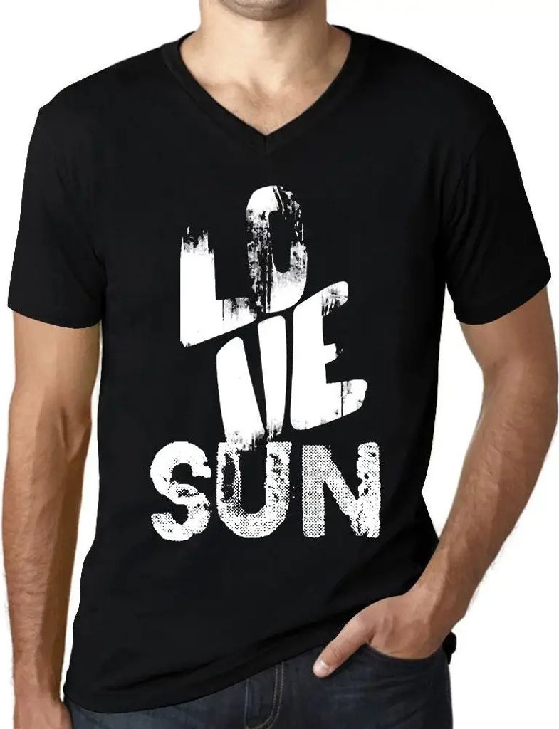 Herren Grafik T-Shirt V-Ausschnitt Liebe Sonne – Love Sun – Öko-Verantwortlich Vintage Jahrgang Kurzarm Lustige Druck Geburtstag Geschenk Mann