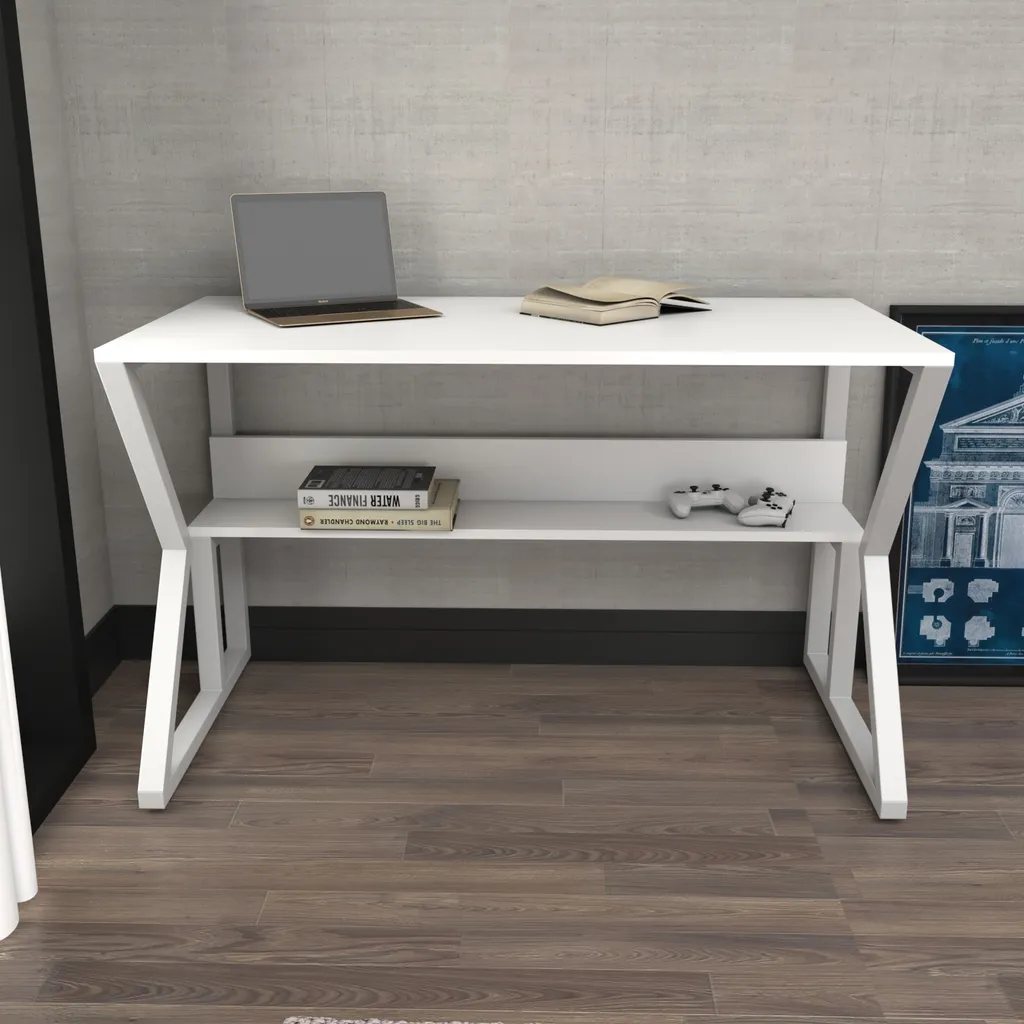 Bureau blanc Decorotika Wake en métal et bois, design minimaliste et stable