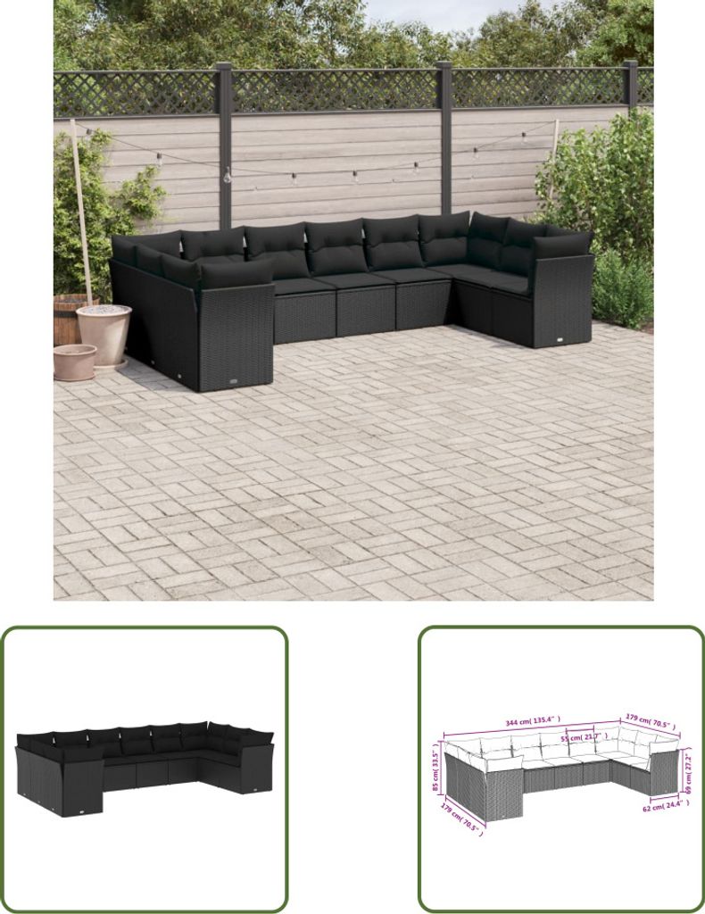 The Living Store 10-tlg. Garten-Sofagarnitur mit Kissen Schwarz Poly Rattan