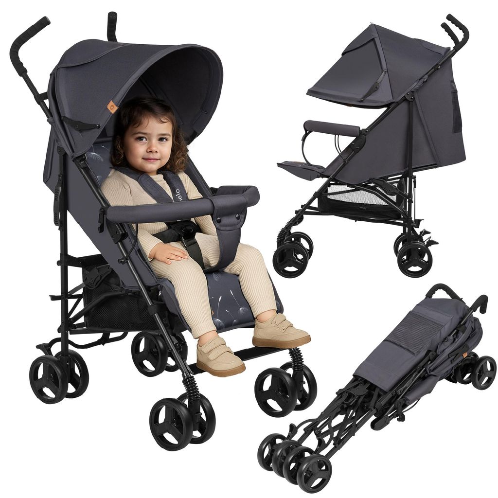 A collage of images showing a baby in a stroller, a stroller from the side, and a folded stroller.
