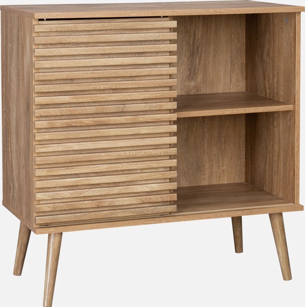 A wooden sideboard with a slatted sliding door and open shelving, shown against a white background.