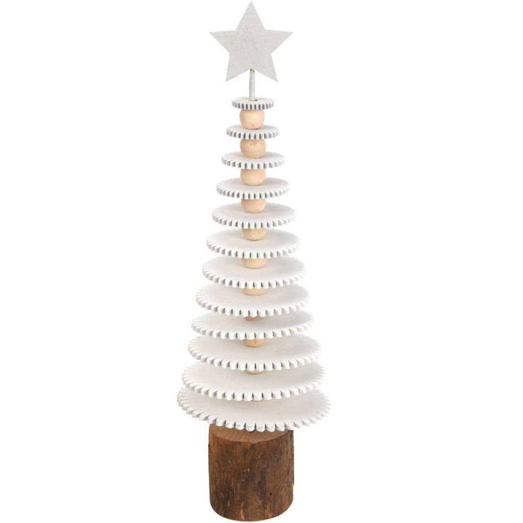 A decorative wooden Christmas tree on a white background.