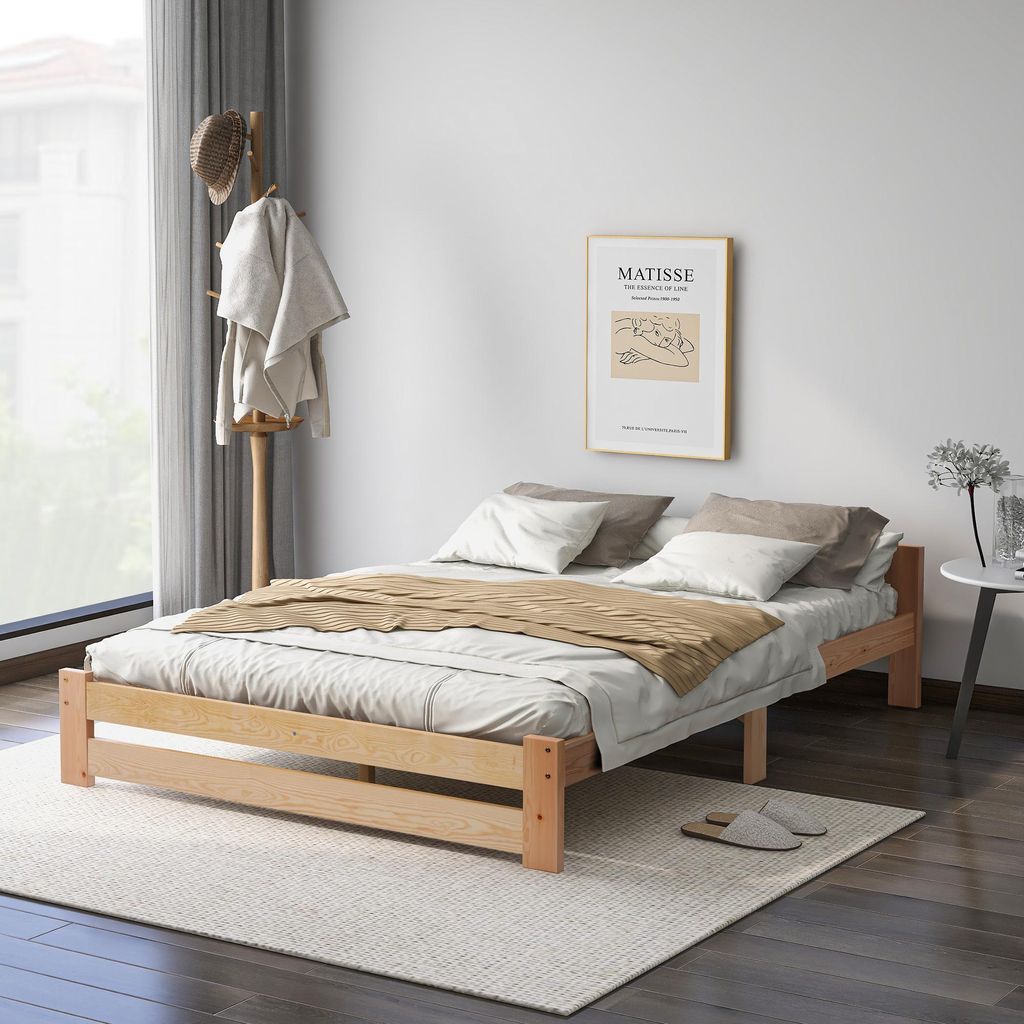 Futonbett aus Massivholz, naturbelassenes Massivholzbett mit Kopfteil und Lattenrost, natur (200x140cm)