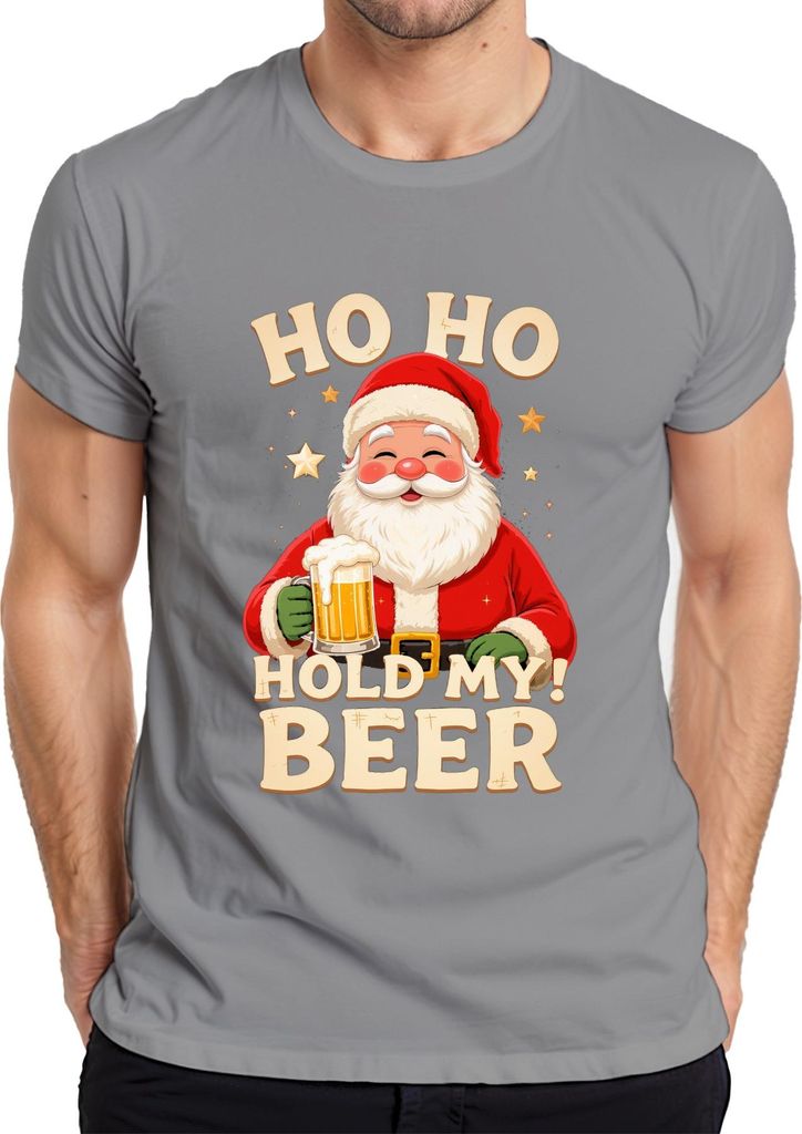 Ho Ho Hold My Beer Weihnachtsmann Bier Weihnachten Geschenk Herren T-Shirt, Grau, M