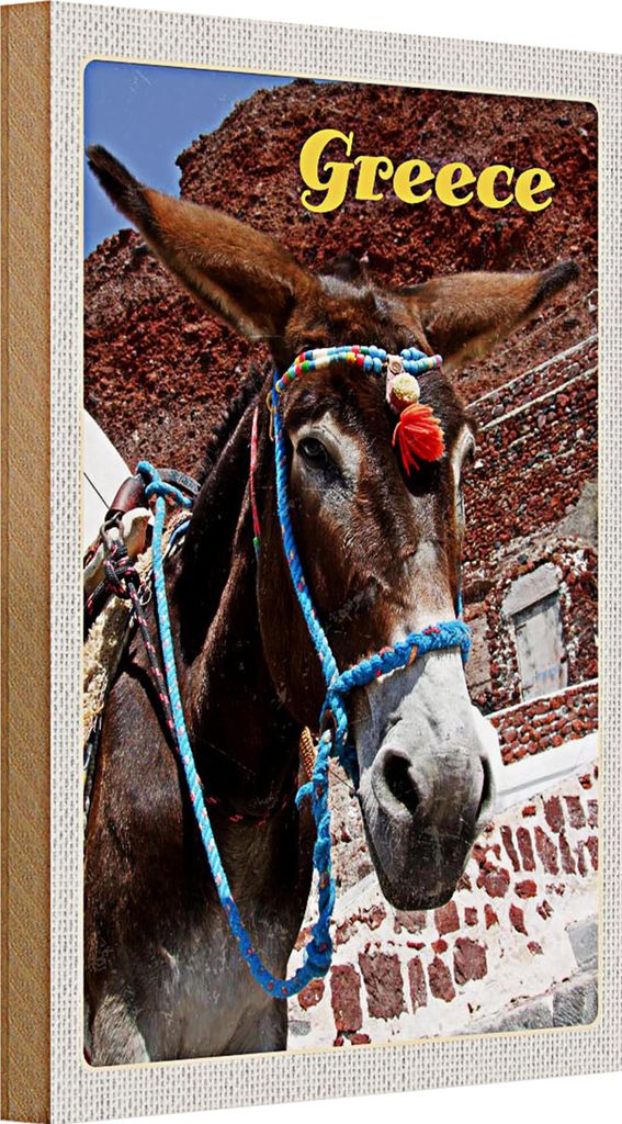 Holzschild Reise 20x30cm Greece Griechenland Esel auf Gebirge