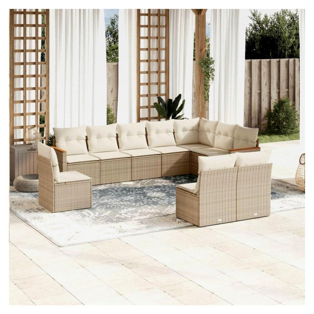 10-teiliges Garten-Sofagarnitur mit Kissen Beige Poly Rattan, Lounge Gartenmöbel Set, Balkonmöbel, Gartenlounge, Gartensofa