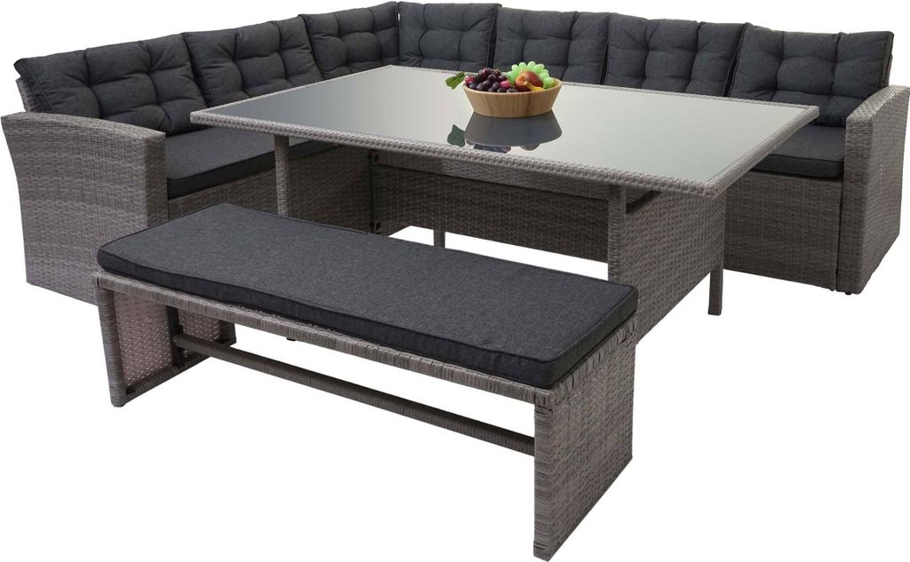 Poly-Rattan-Garnitur HWC-A29, Gartengarnitur Sitzgruppe Lounge-Esstisch-Set Sofa grau, Kissen grau + Bank