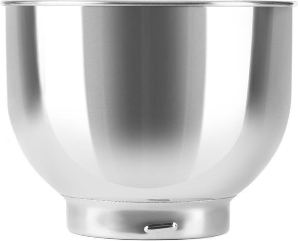 A close-up shot of a stainless steel mixing bowl.
